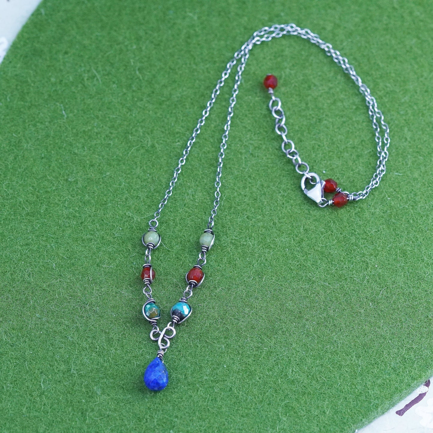 16+1”, VTG sterling silver 925 necklace lapis teardrop pendant jade turquoise