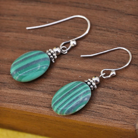 Vintage Sterling 925 silver handmade earrings with oval malachite