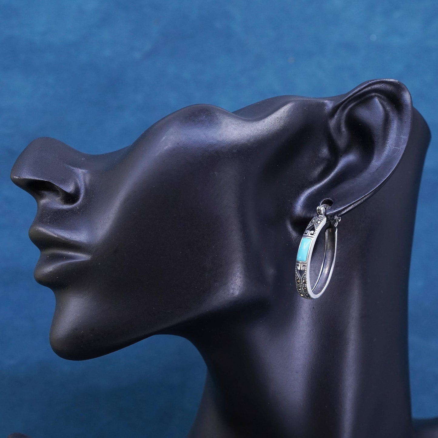 1.25", Mexican southwestern Sterling silver hoop earrings, 925 huggie turquoise