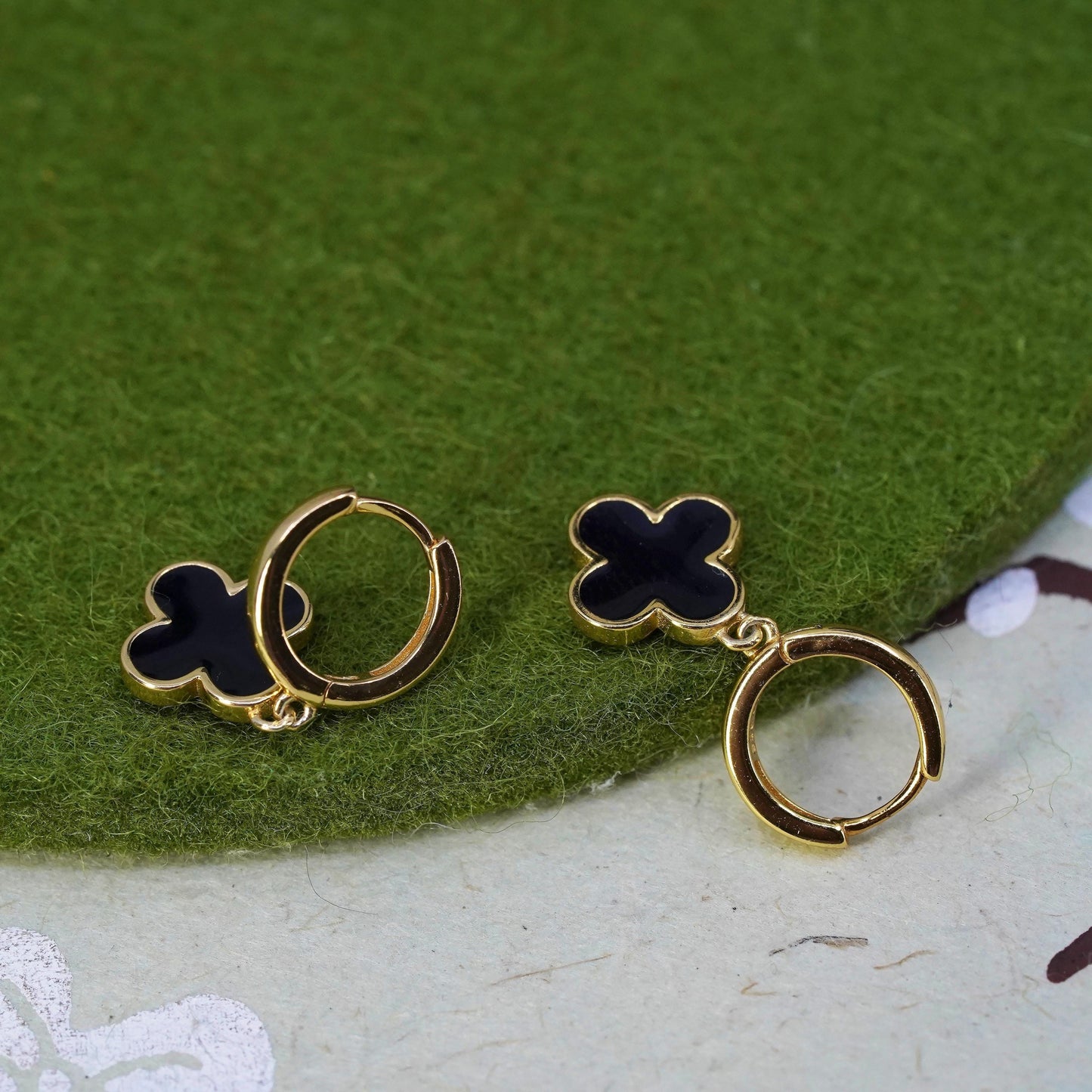 Vermeil gold sterling silver earrings, 925 hoops, huggie black enamel flower