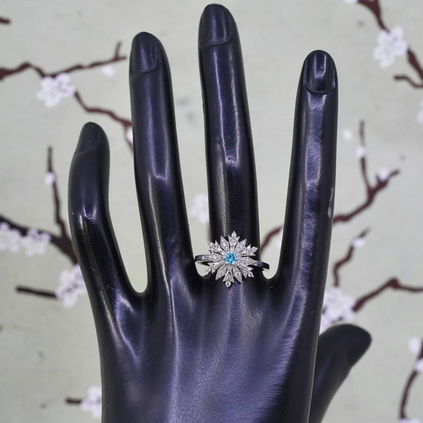 Size 8.75, 925 Sterling silver snowfalke ring with CZ cluster, engagement ring