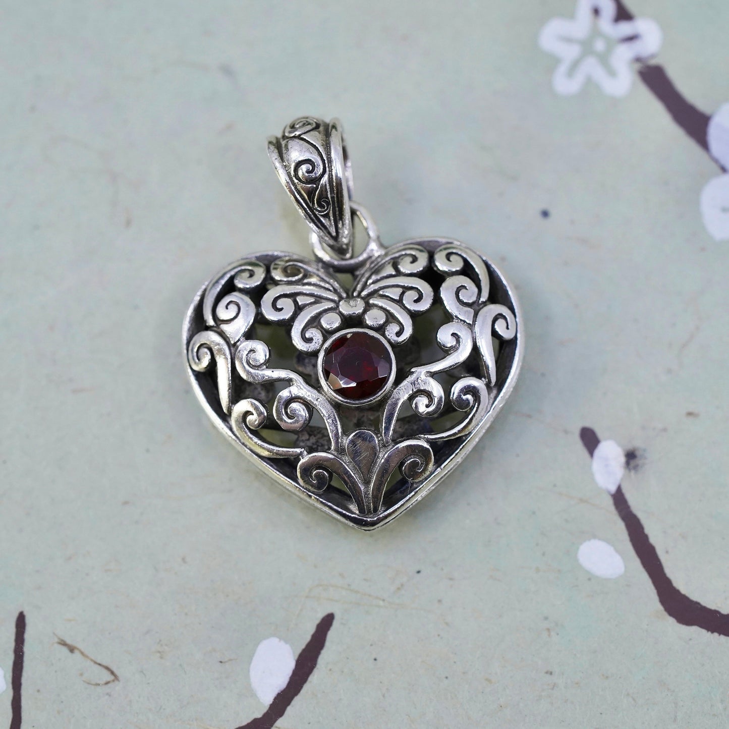 vintage sterling silver handmade pendant, 925 filigree heart charm with garnet