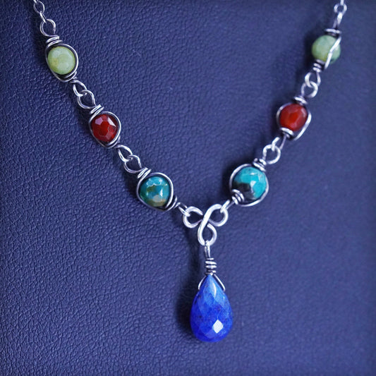 16+1”, VTG sterling silver 925 necklace lapis teardrop pendant jade turquoise