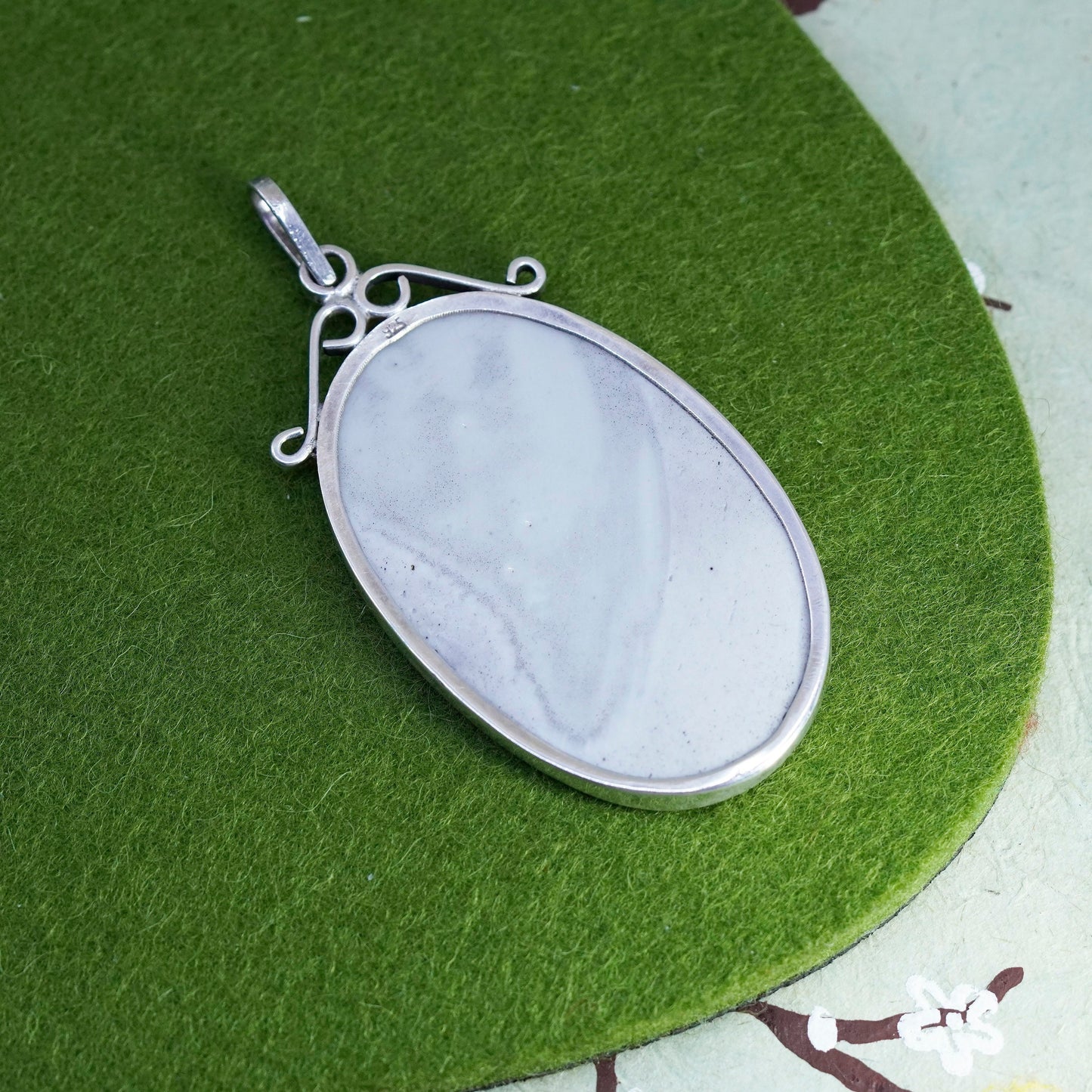 vintage handmade sterling 925 silver pendant with oval blue porcelain China