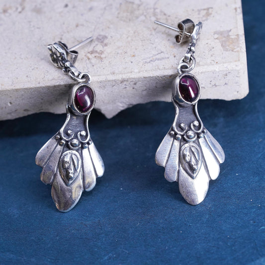 Vintage sterling silver handmade earrings, 925 feather with garnet and beads