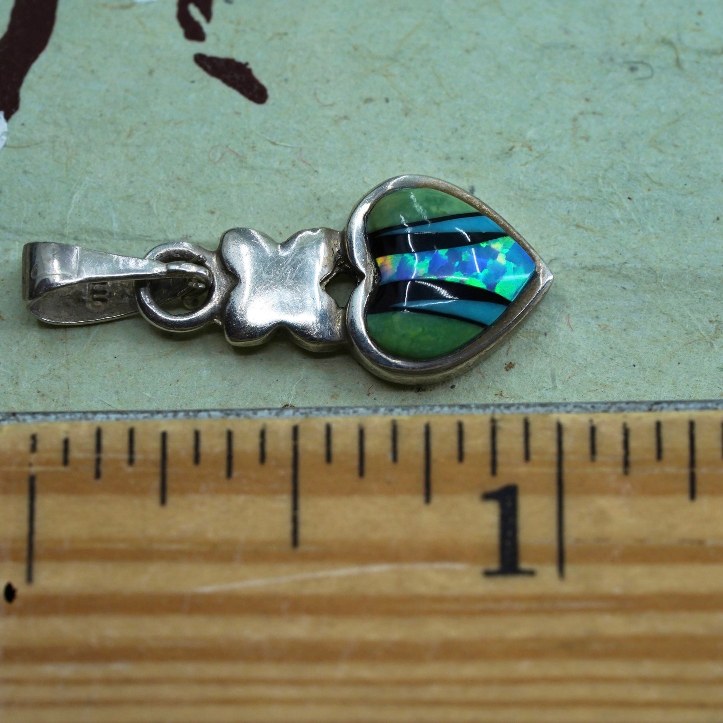 sterling silver handmade pendant, Mexico 925 heart with opal and turquoise