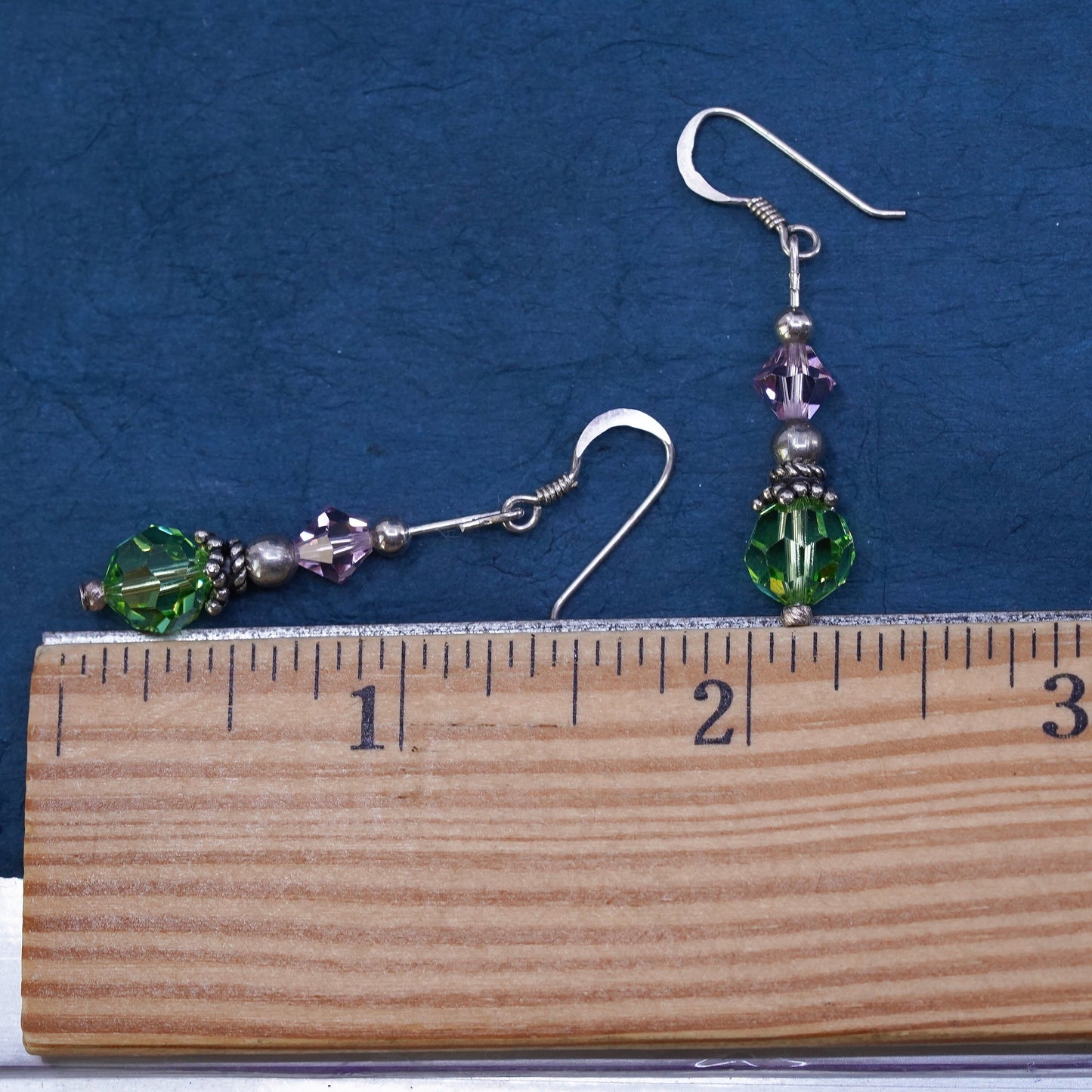 Vintage Sterling 925 silver handmade earrings with pink green crystal beads