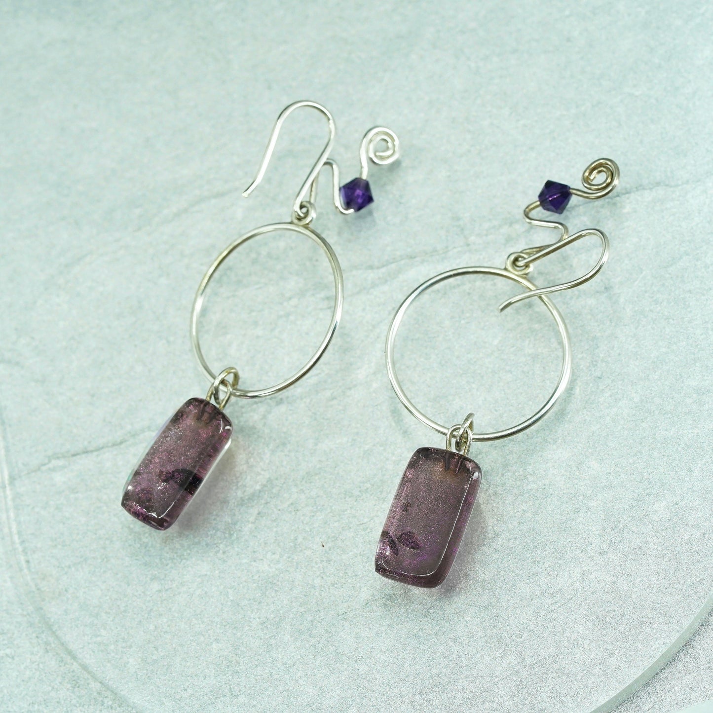 Vintage Sterling 925 silver earrings with artisan glass and purple beads