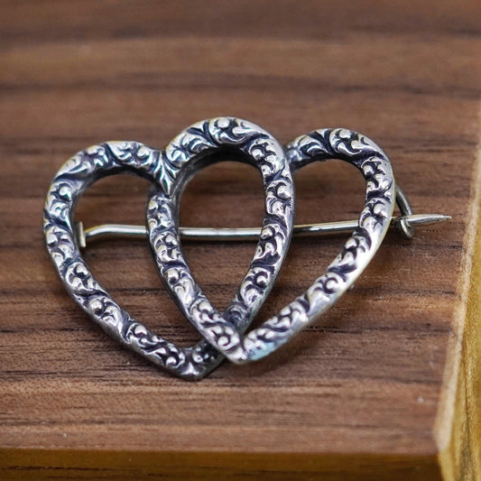 Vintage handmade sterling 925 silver textured double heart brooch