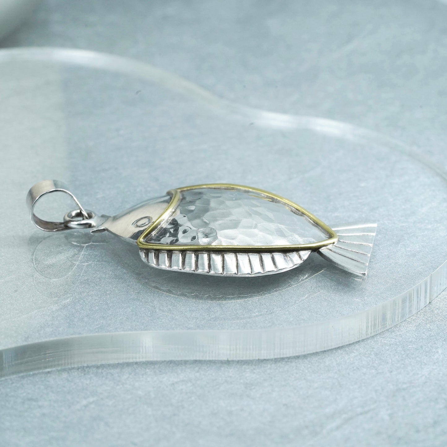 vintage two tone Sterling silver handmade charm, 925 fish pendant