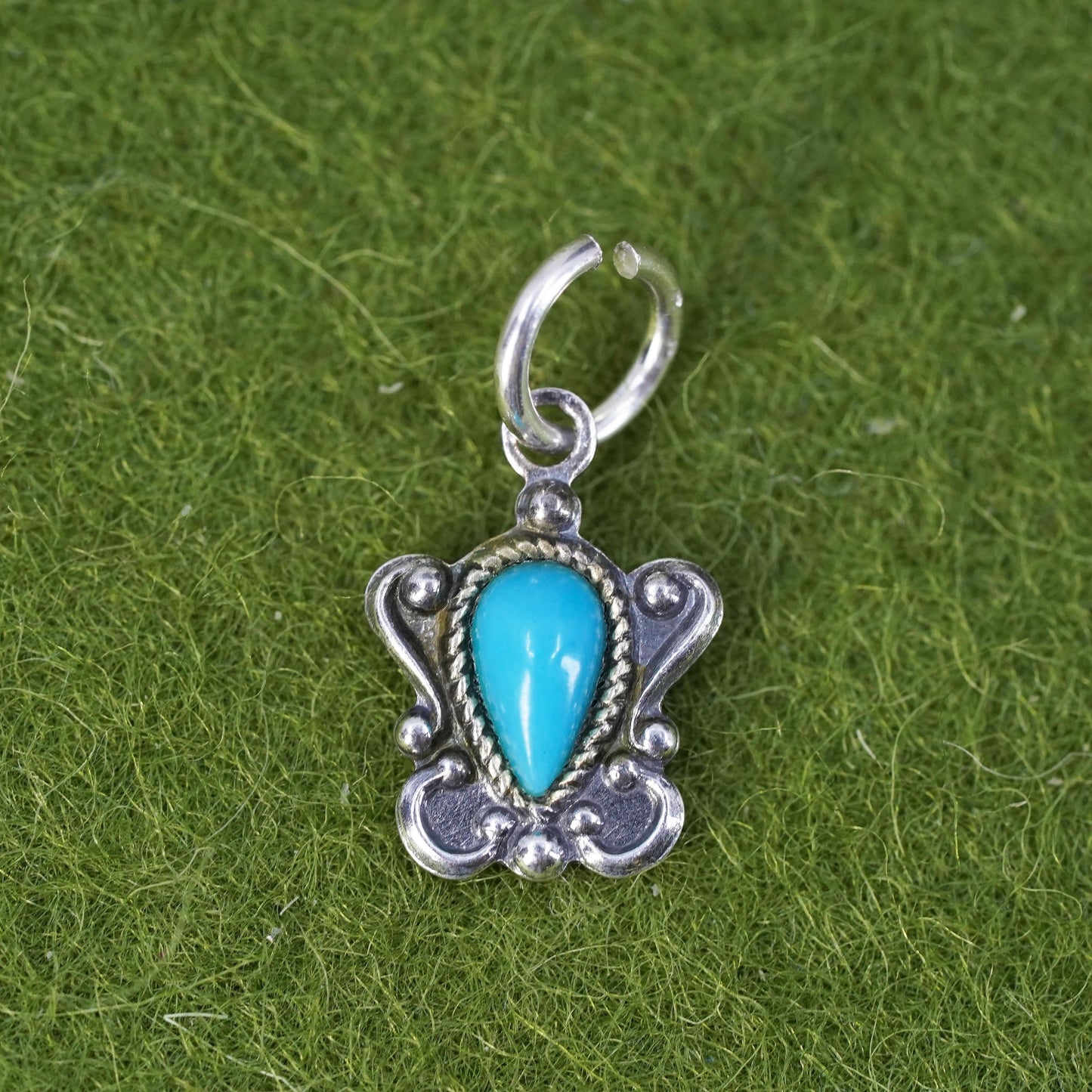 Southwestern sterling 925 silver handmade turquoise charm pendant with beads