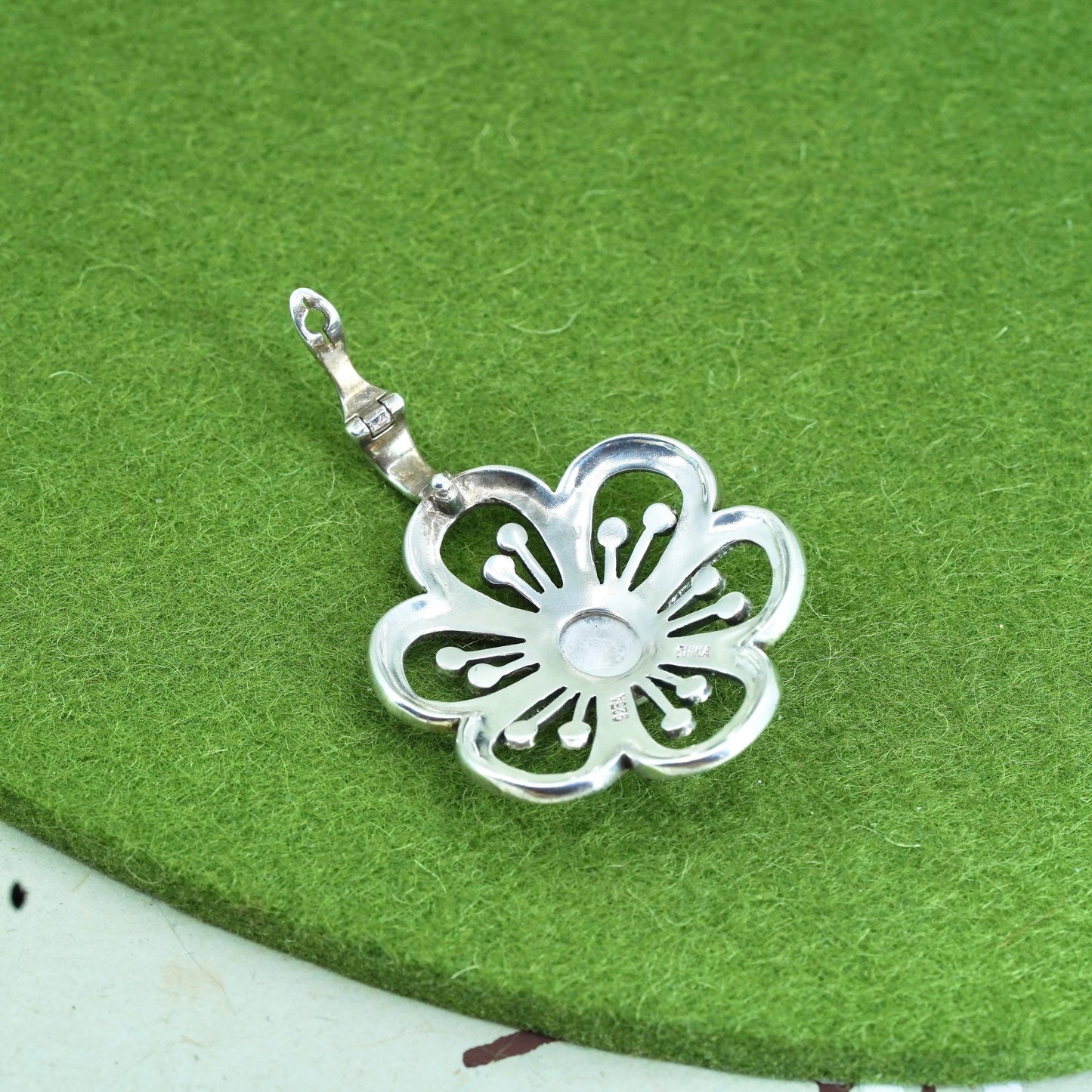 sterling silver handmade pendant, 925 flower with marcasite and mother of pearl