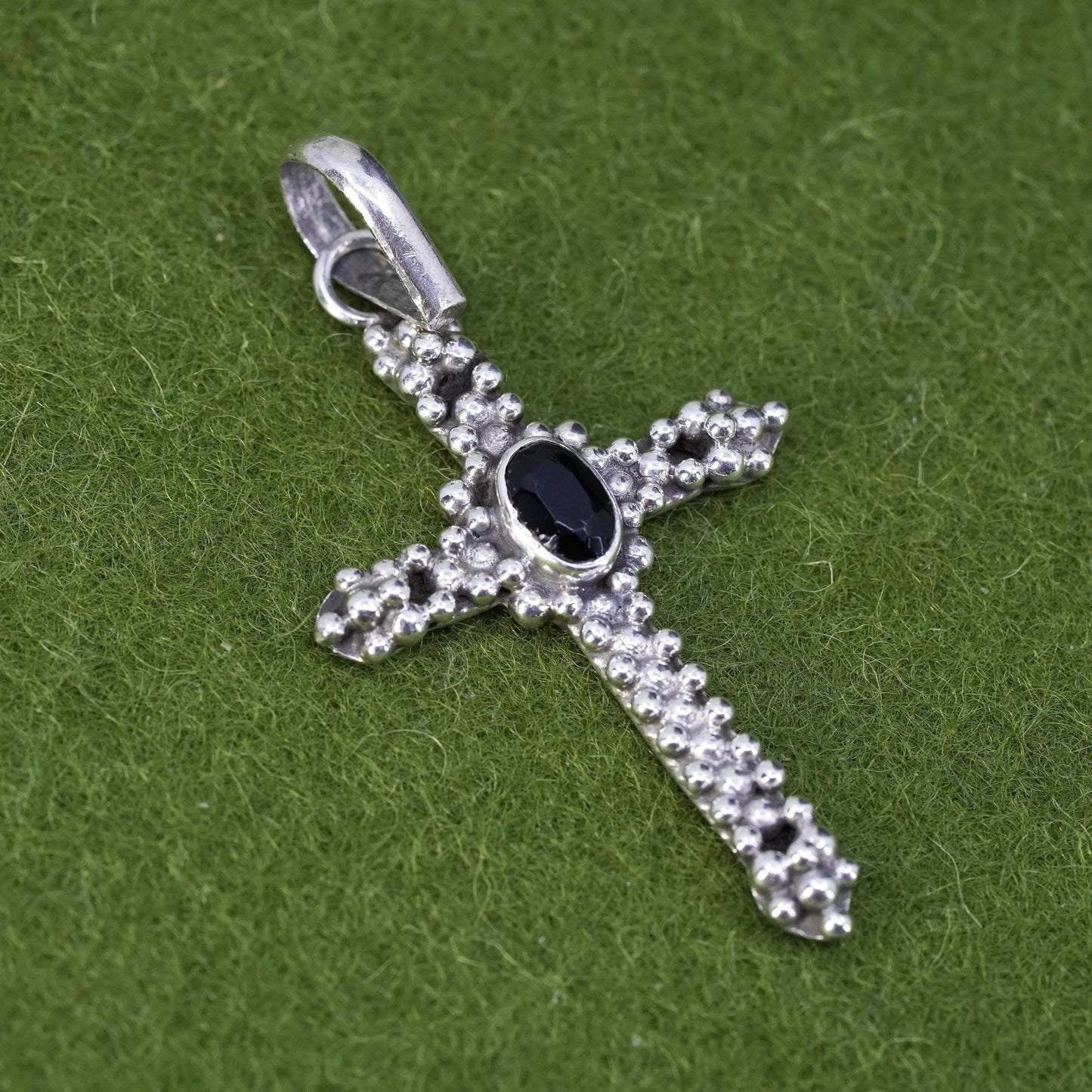 vintage sterling silver handmade pendant, 925 cross with onyx and beads around