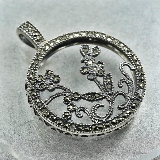 vintage Sterling silver handmade circle, 925 flower pendant with marcasite