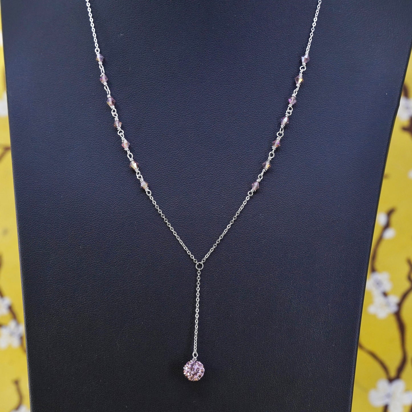 16+2" Sterling silver necklace, 925 circle chain with pink crystal bead pendant