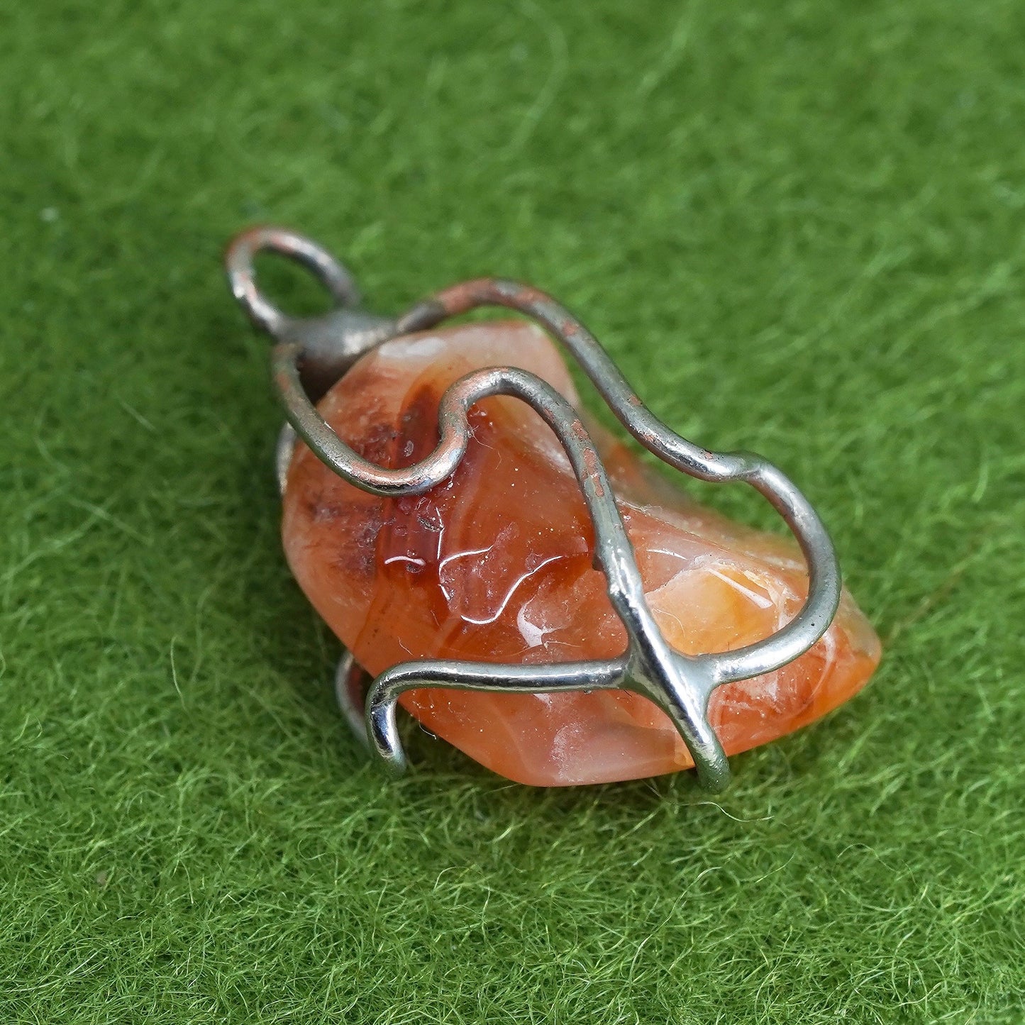 Vintage sterling silver handmade pendant, 925 wired charm with agate