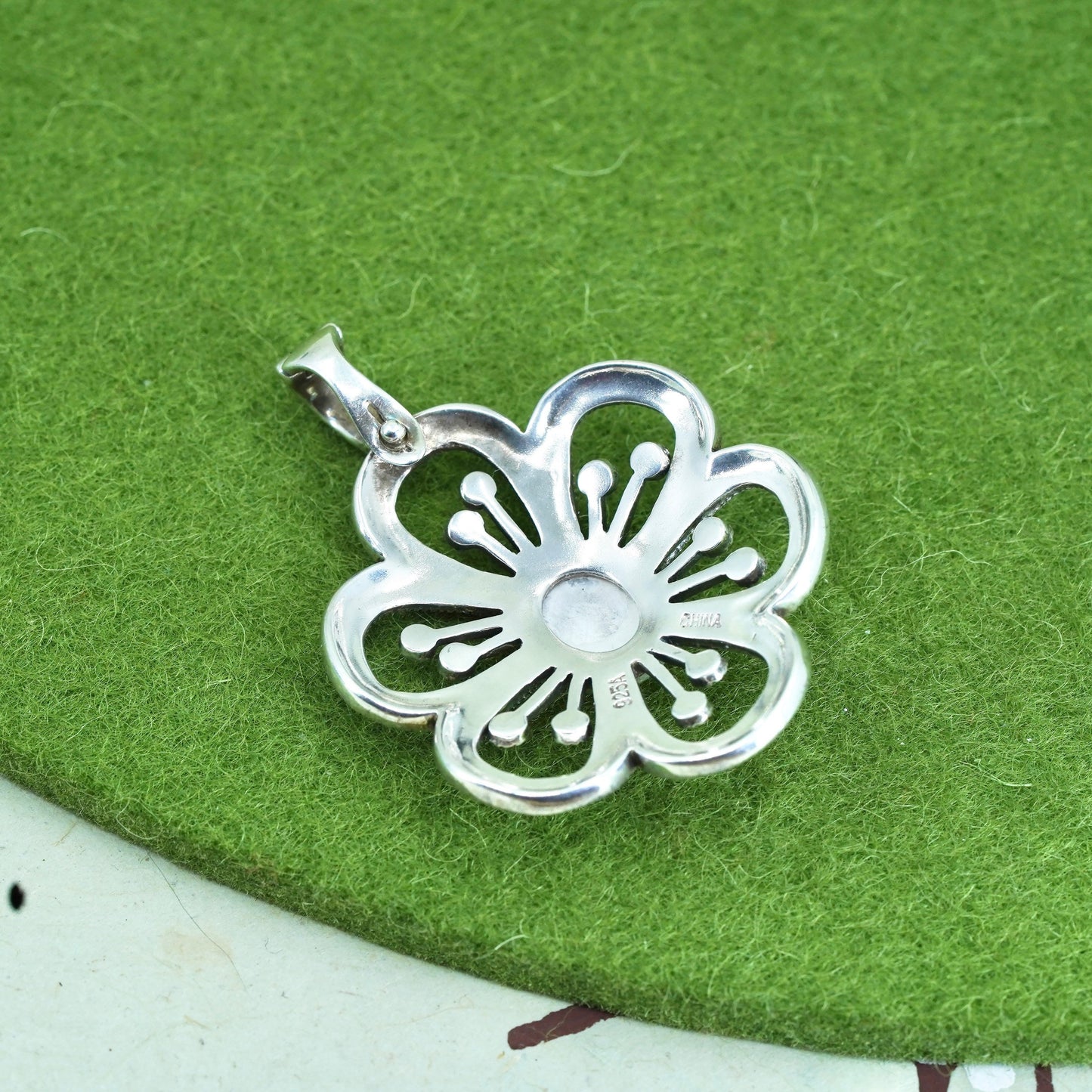 sterling silver handmade pendant, 925 flower with marcasite and mother of pearl