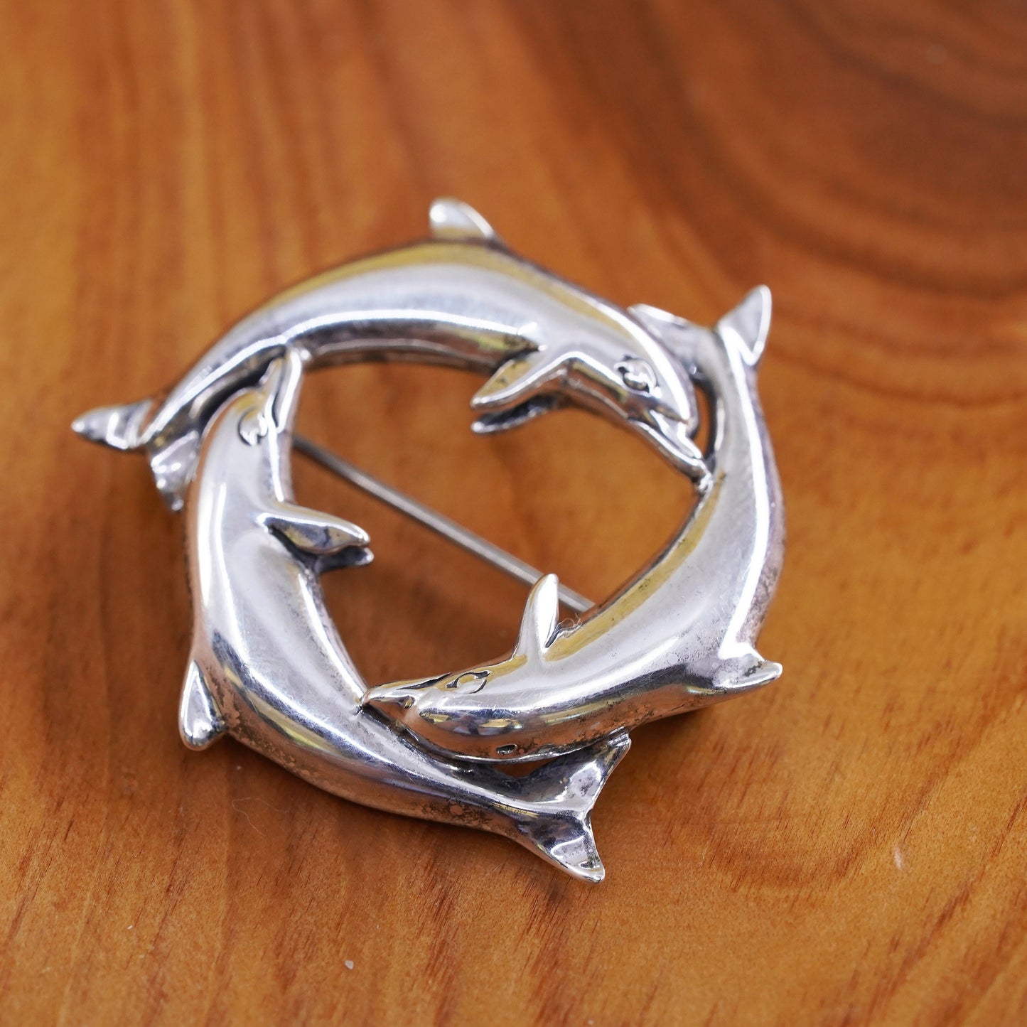 Vintage Kabana handmade sterling 925 silver dolphin circle brooch