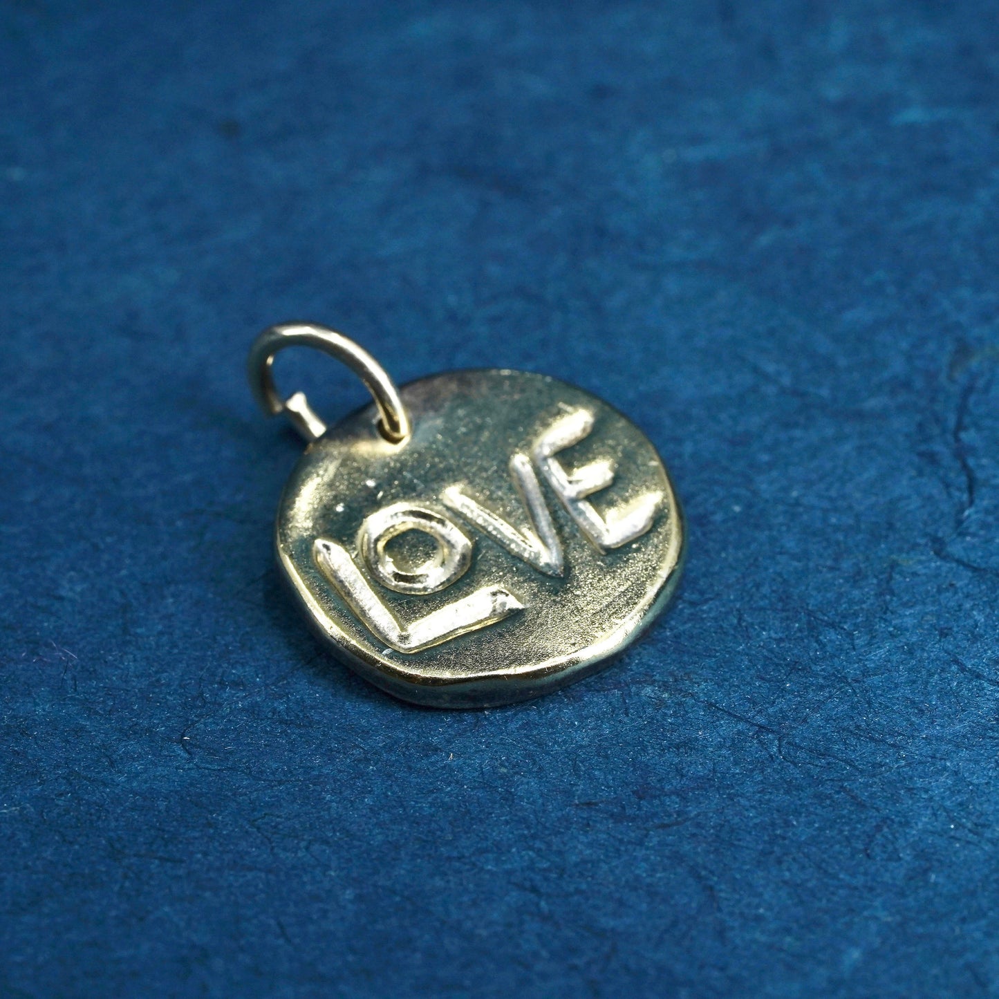 vermeil gold over Sterling silver handmade pendant, 925 charm embossed “Love”