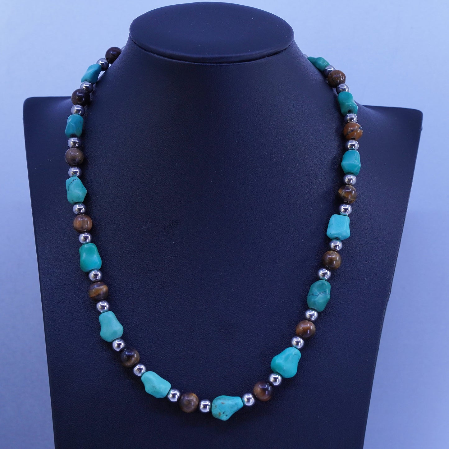 18”, Sterling 925 silver necklace with turquoise and golden tiger eye beads