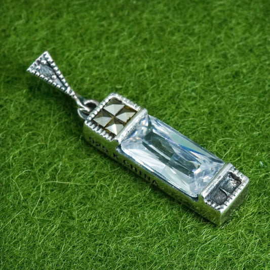 Vintage Sterling 925 silver handmade pendant with rectangular Cz and marcasite