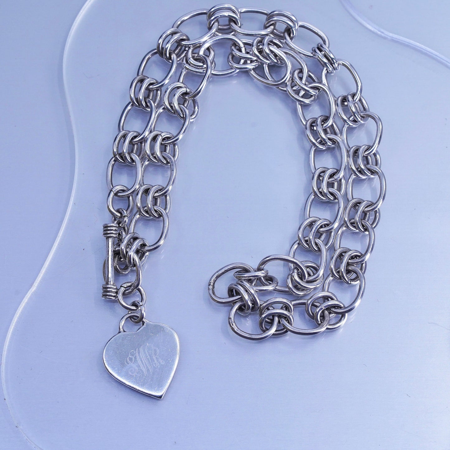 18” Sterling 925 silver handmade circle necklace w/ heart charm engraved “SWR”