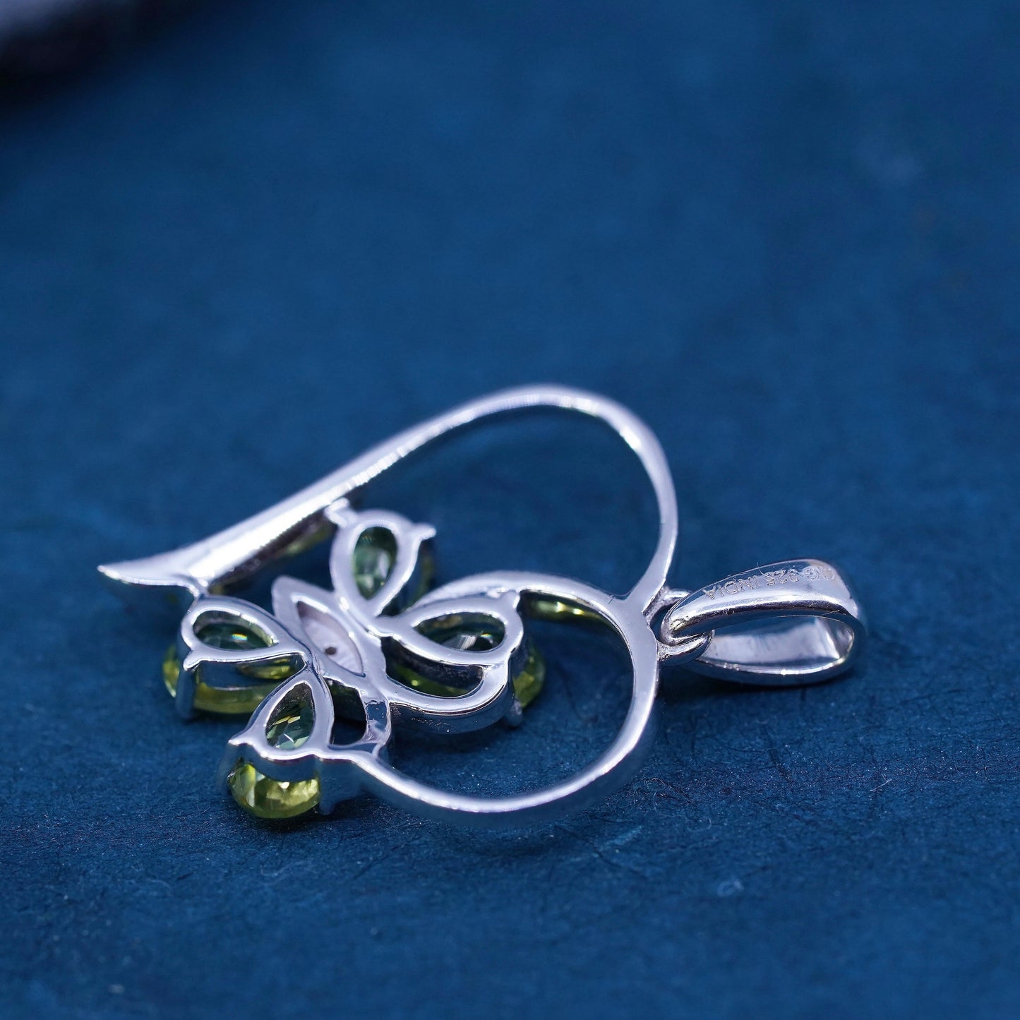 Vintage Sterling 925 silver handmade butterfly heart pendant with green peridot