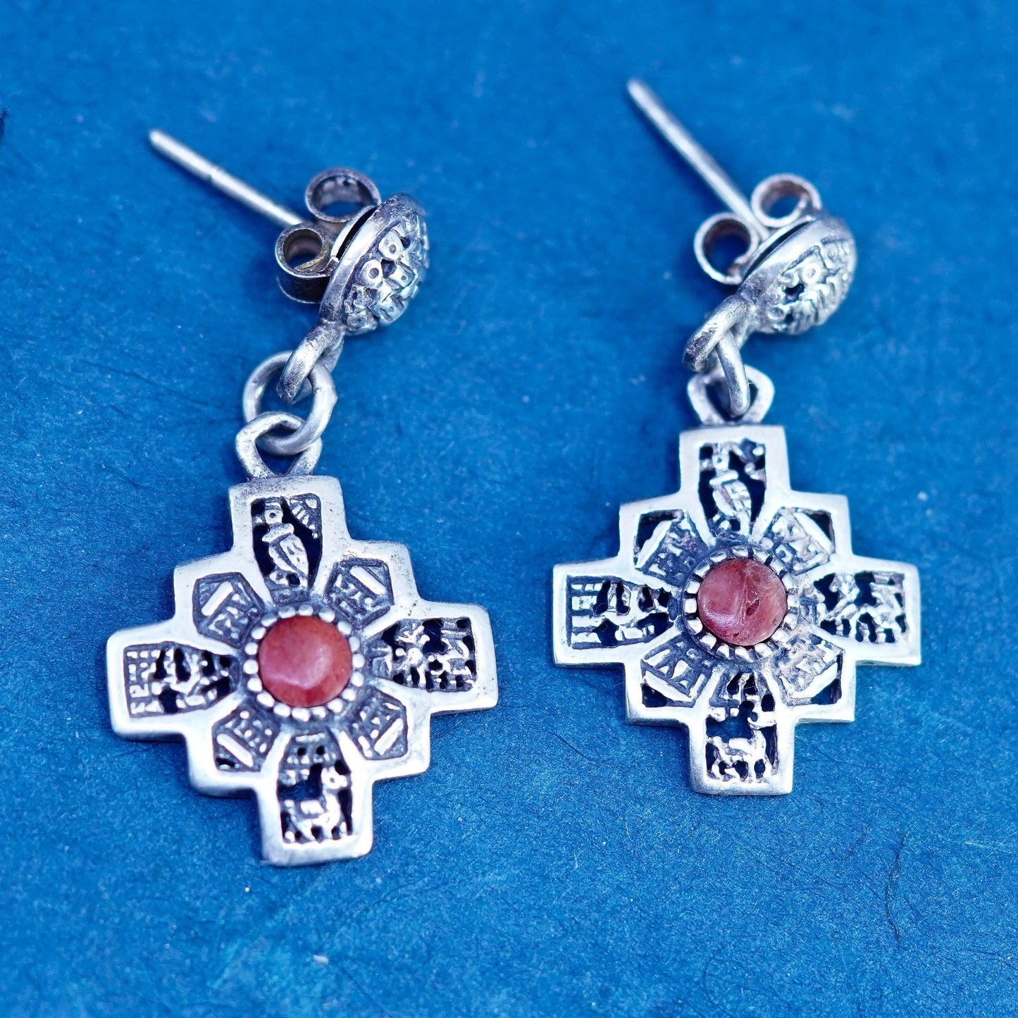 Sterling silver handmade earrings, 925 filigree bali cross dangles with coral