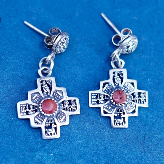 Sterling silver handmade earrings, 925 filigree bali cross dangles with coral