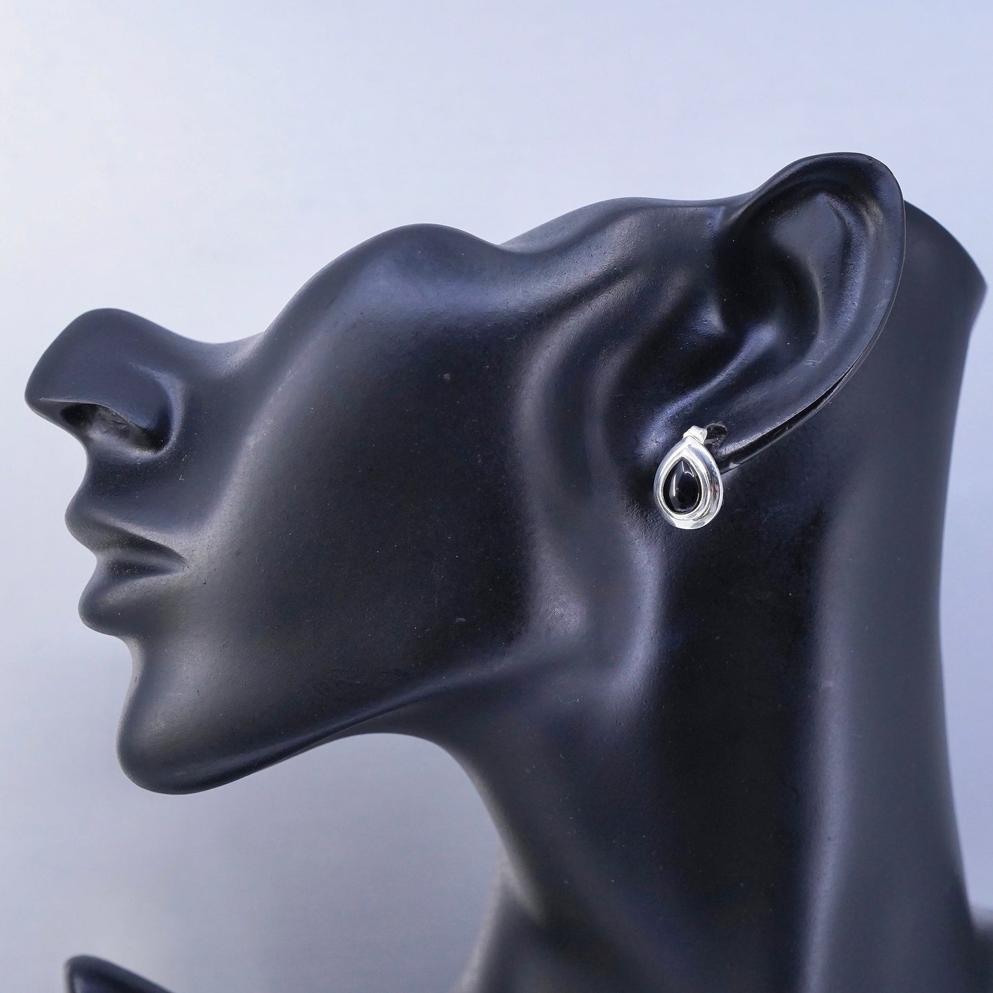 Vintage Sterling 925 silver handmade earrings, studs with teardrop onyx