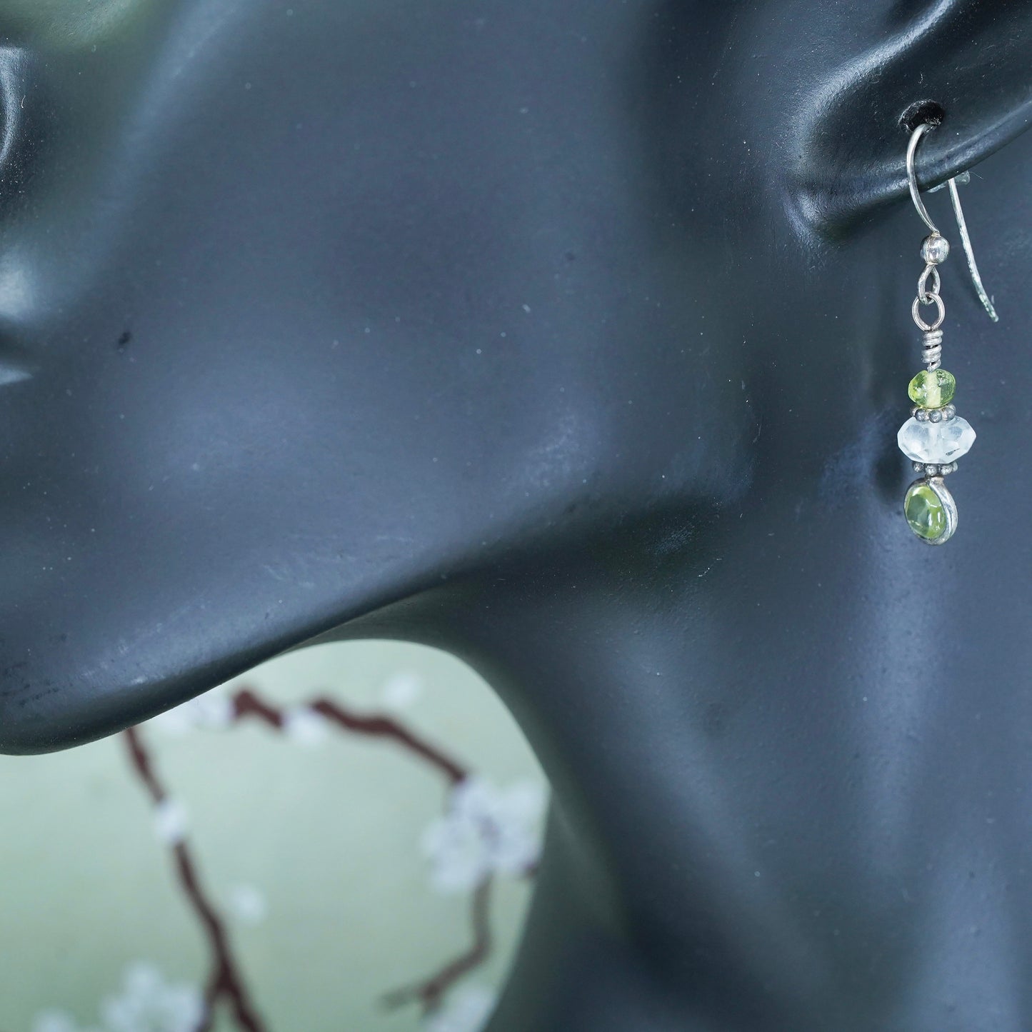 Vintage Sterling 925 silver handmade earrings with moonstone and peridot