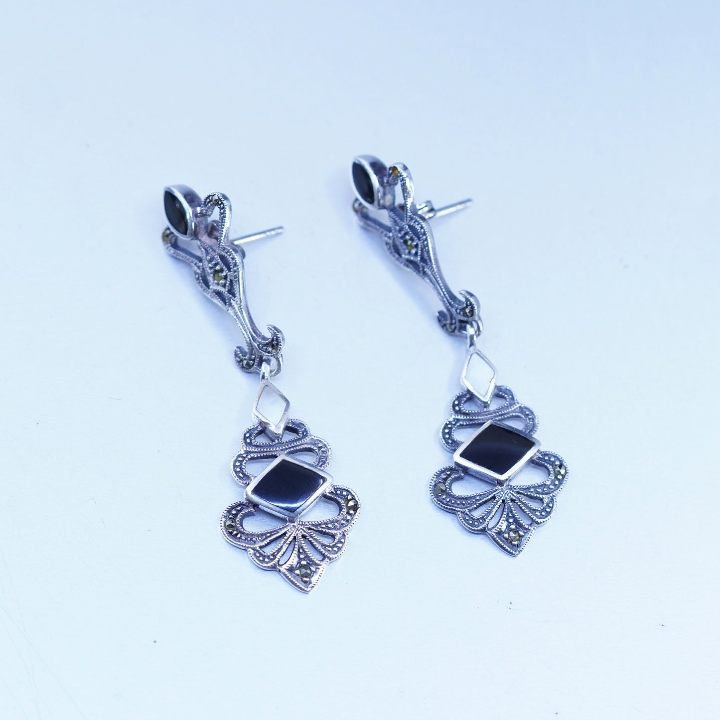 Sterling 925 silver handmade filigree earrings with black onyx and marcaiste