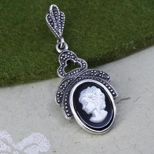 Vintage Sterling 925 silver pendant with mother of pearl cameo lady marcasite