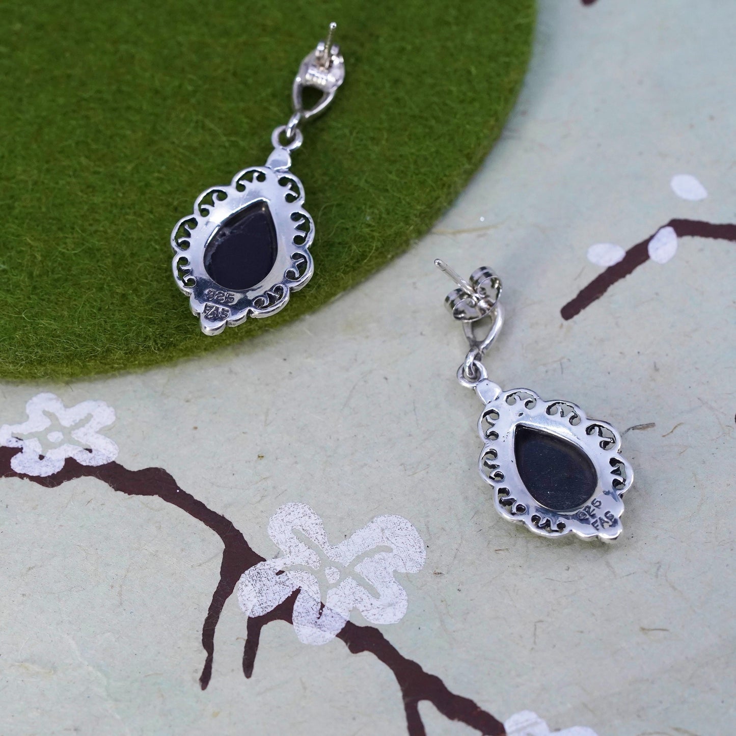 sterling 925 silver earrings, teardrop black onyx and marcasite, southwestern