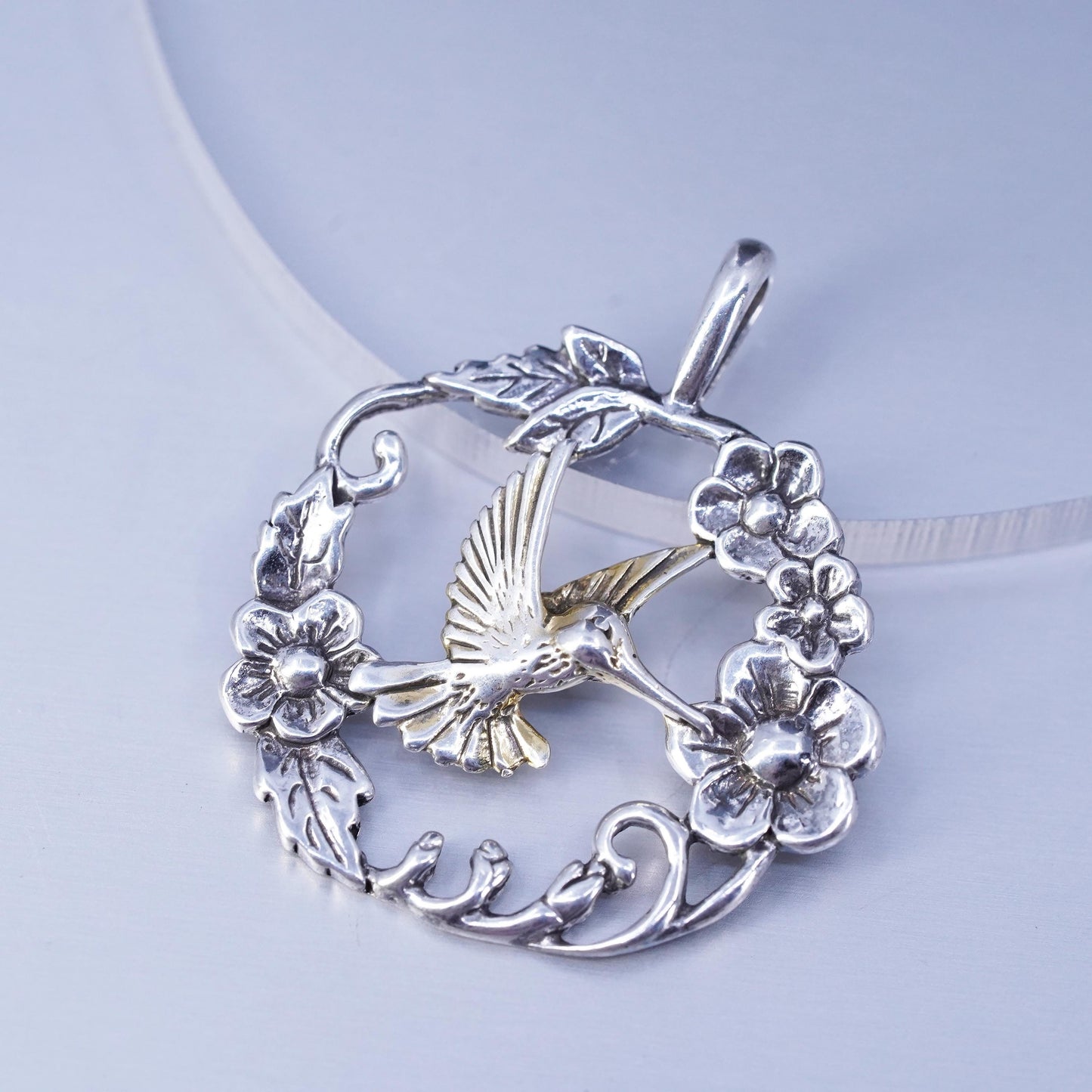 Shube Dakota Sterling silver 925 bird pendant, hummingbird bird charm flowers