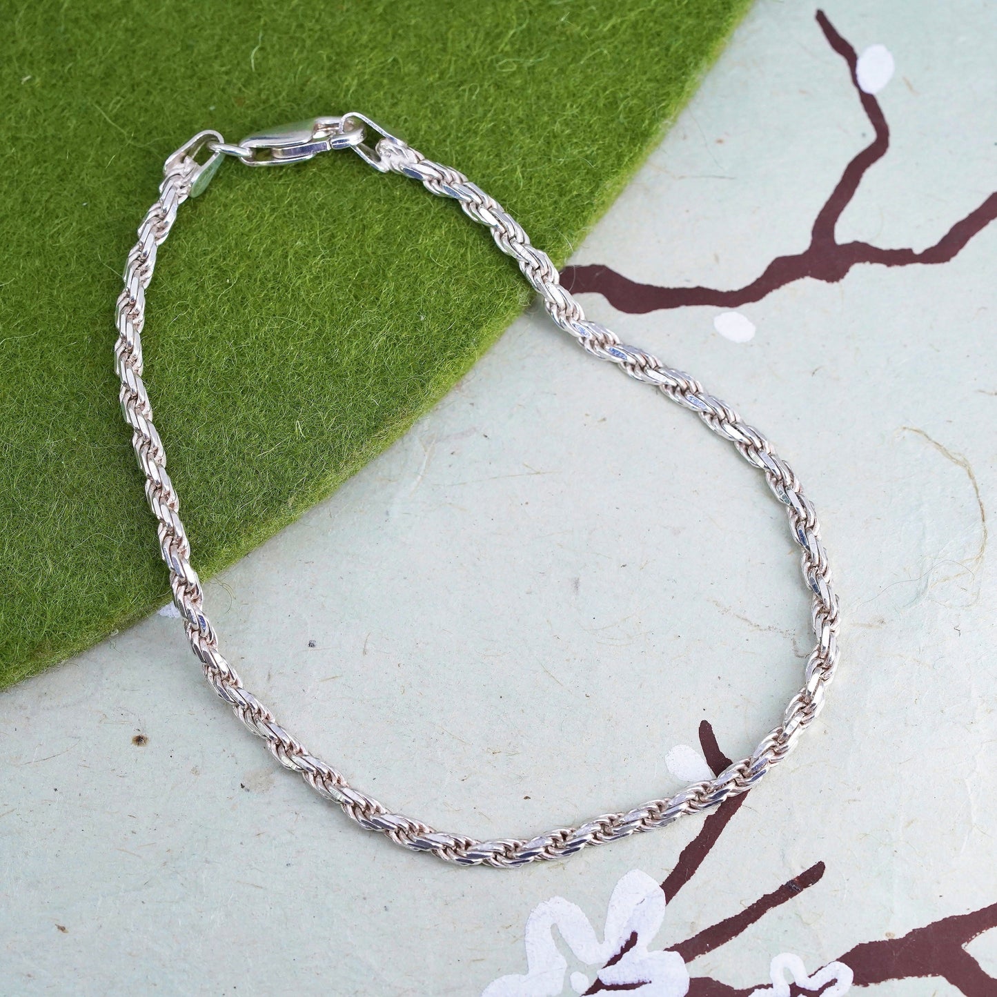 7.75”, 3mm, vintage Sterling silver rope chain, Italy 925 men’s bracelet