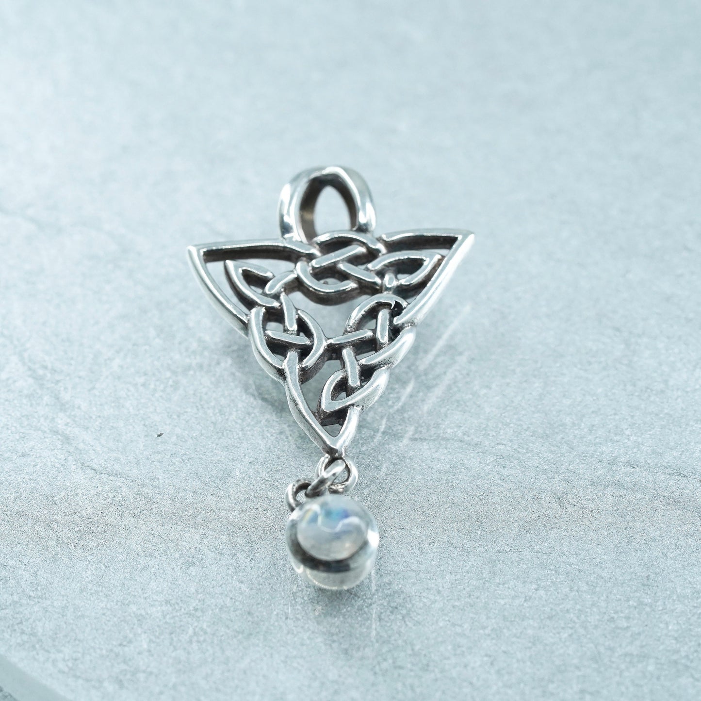 sterling 925 silver handmade Irish Celtic knot triangle pendant moonstone charm