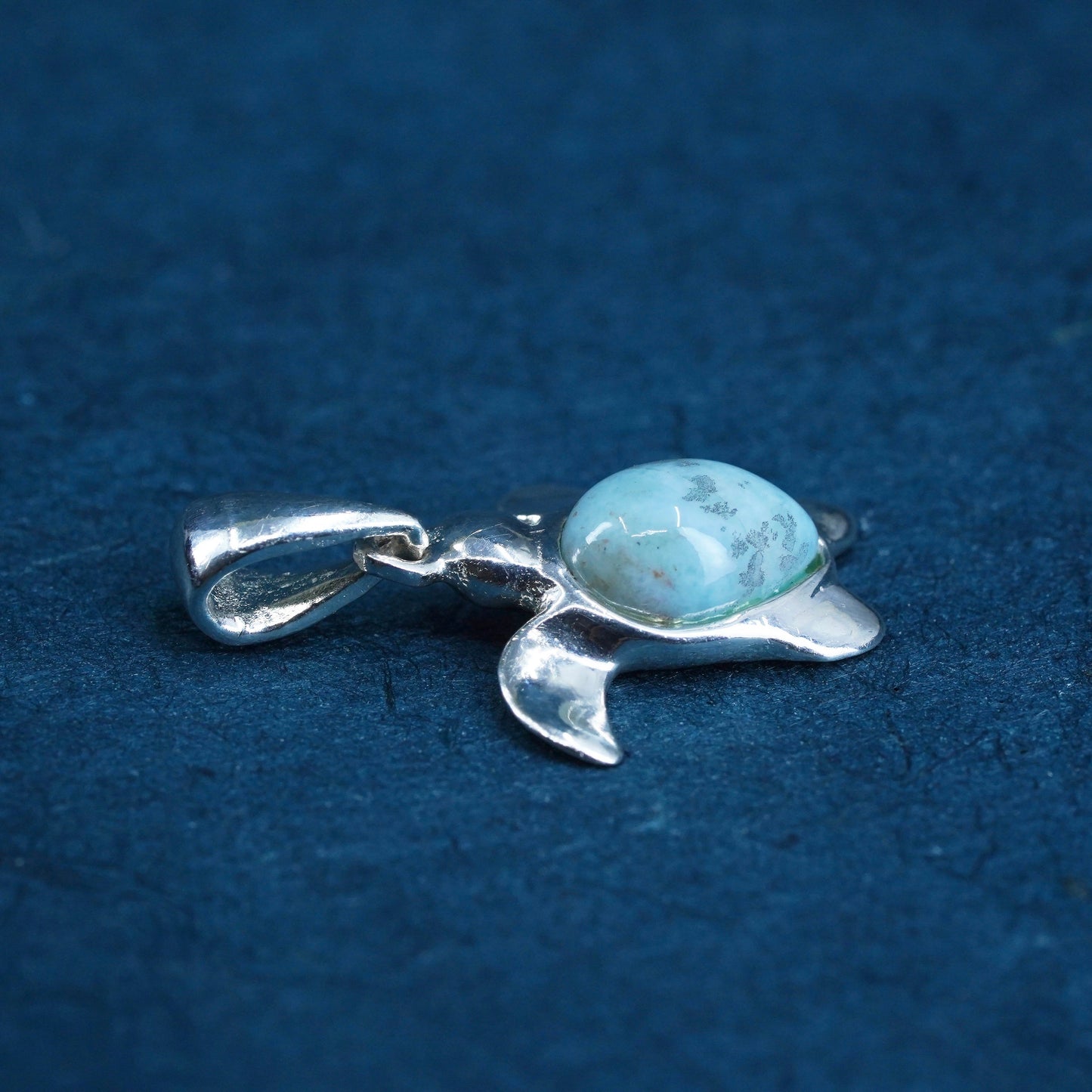 Vintage Sterling silver handmade pendant, 925 silver turtle with larimar inlay