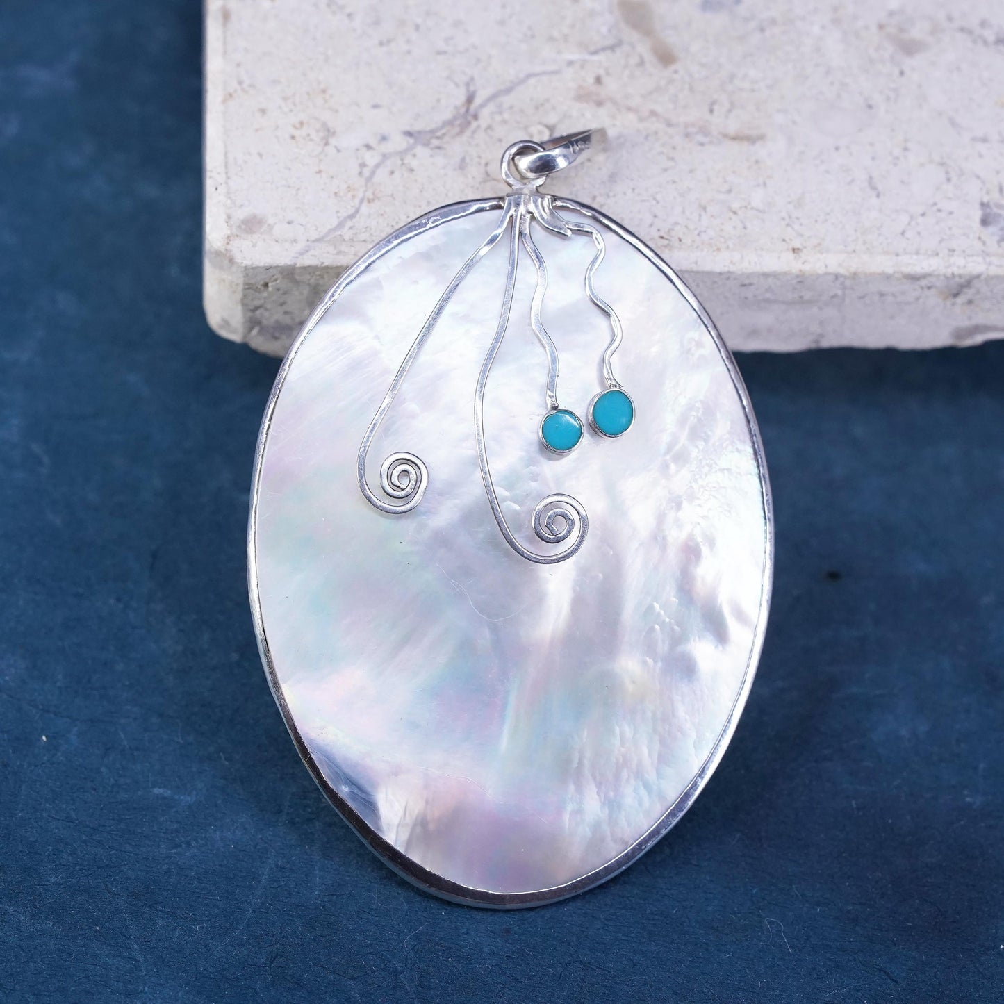 Vintage huge Sterling silver 925 pendant with oval mother of pearl turquoise