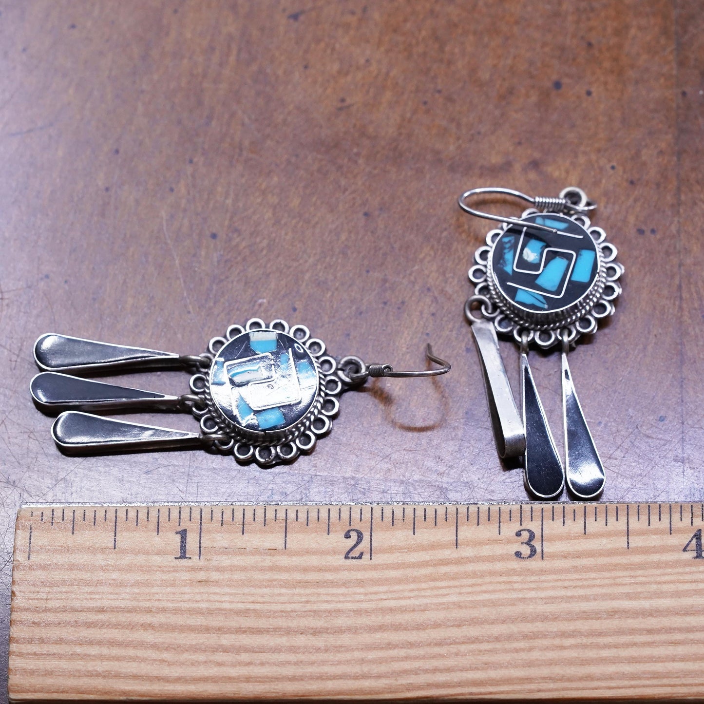 Mexican Sterling silver earrings, 925 circle with turquoise teardrop dangles