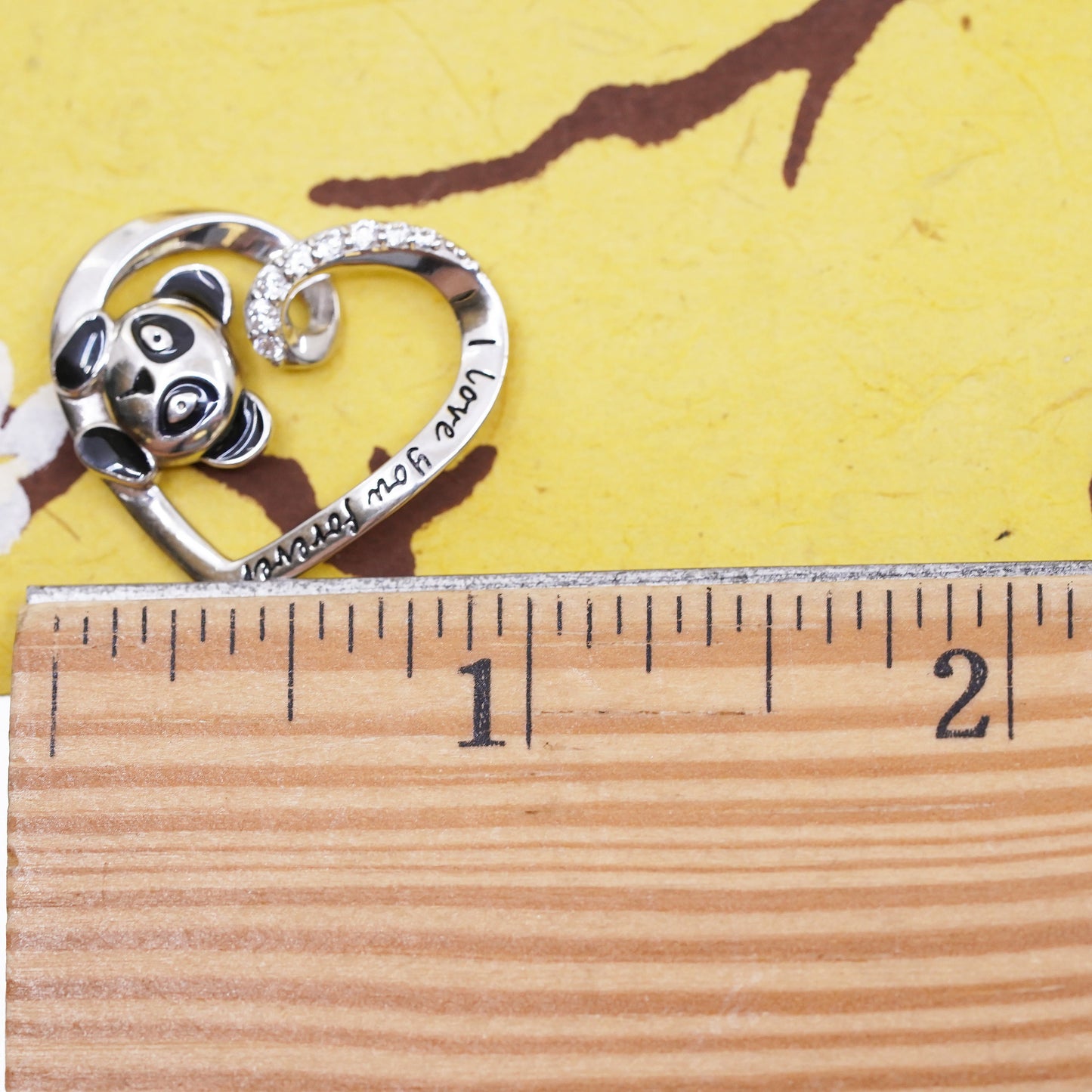 Vintage Sterling silver handmade pendant, 925 panda heart with enamel and CZ