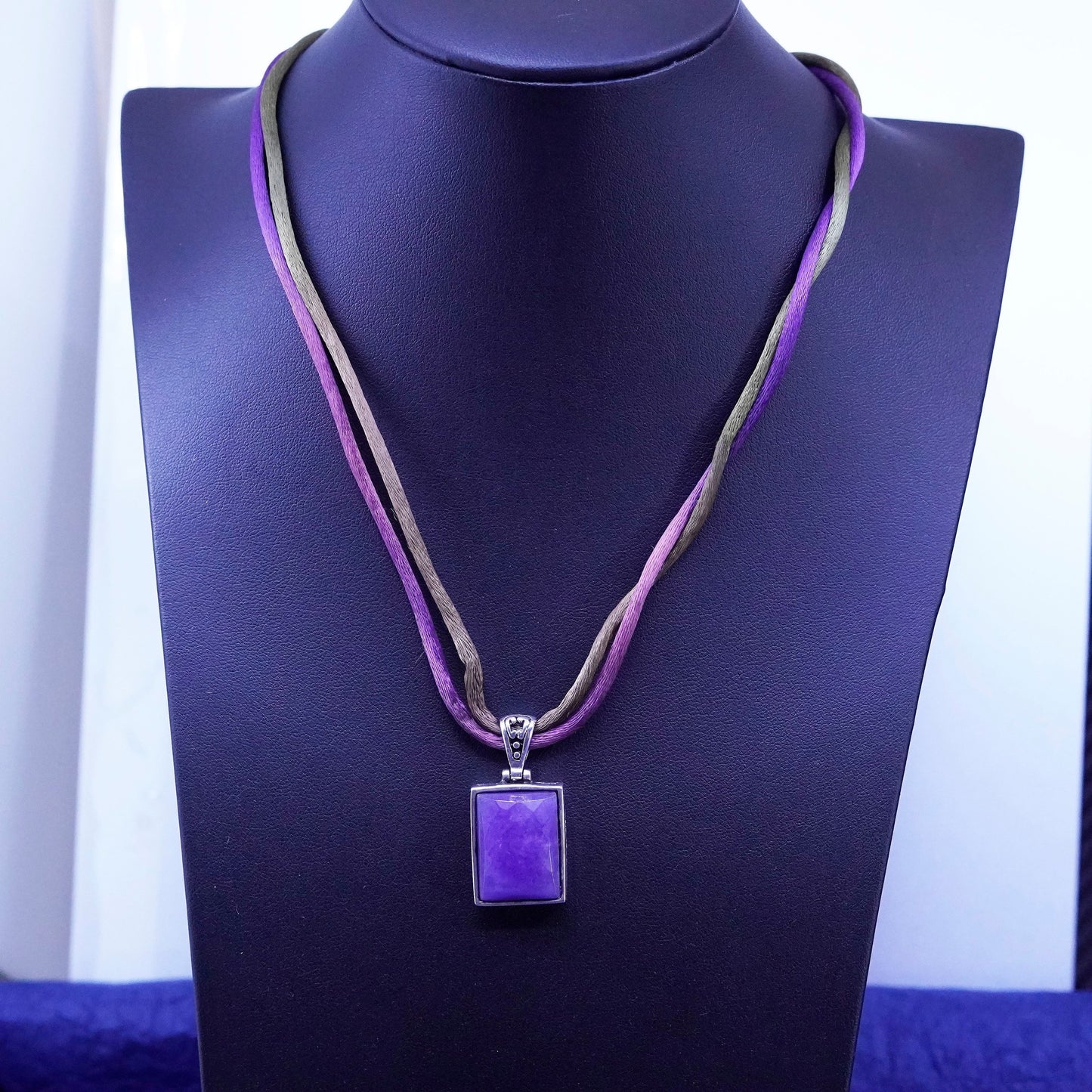 18+2”, Sterling silver 925 handmade necklace, silk chain with amethyst pendant