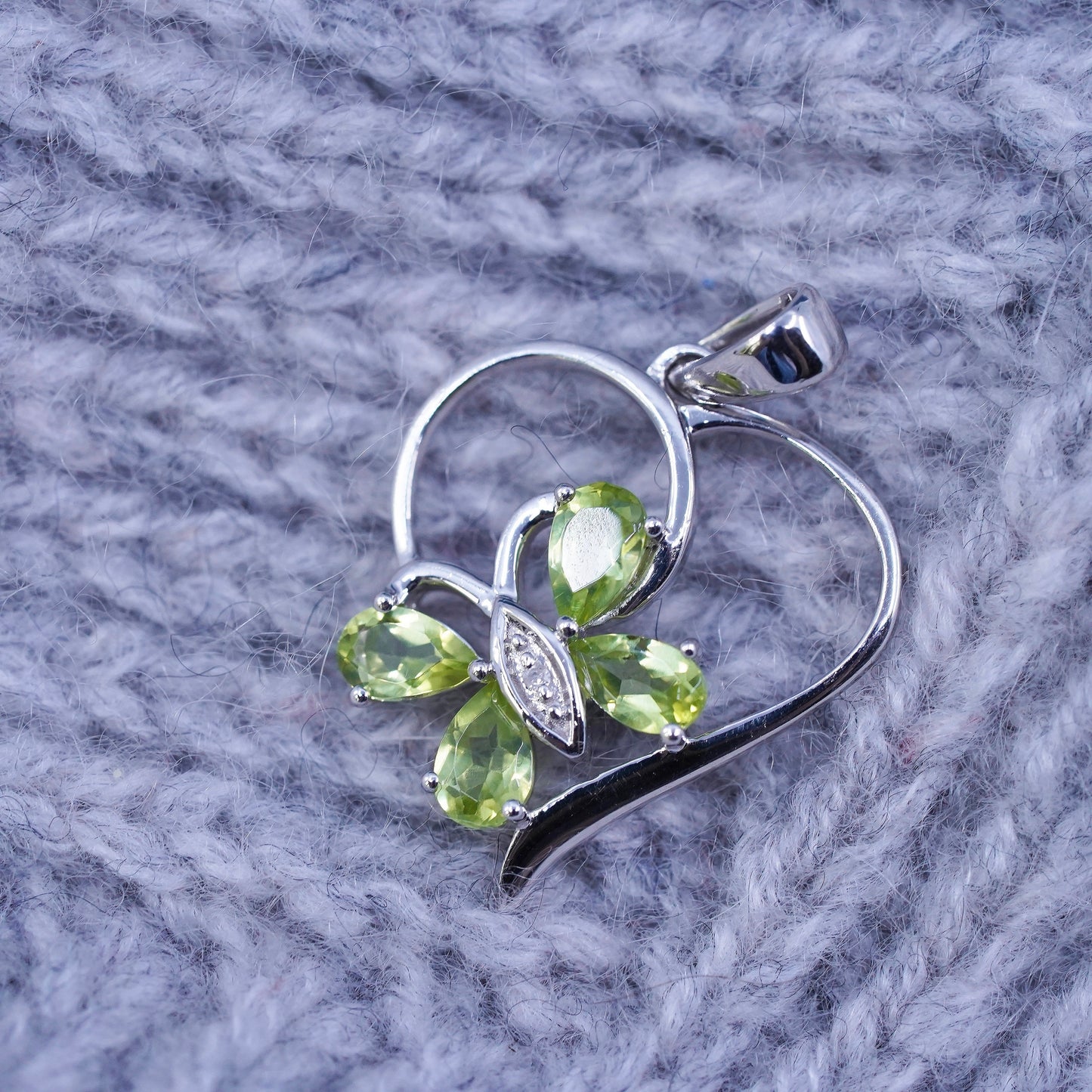 Vintage Sterling 925 silver handmade butterfly heart pendant with green peridot