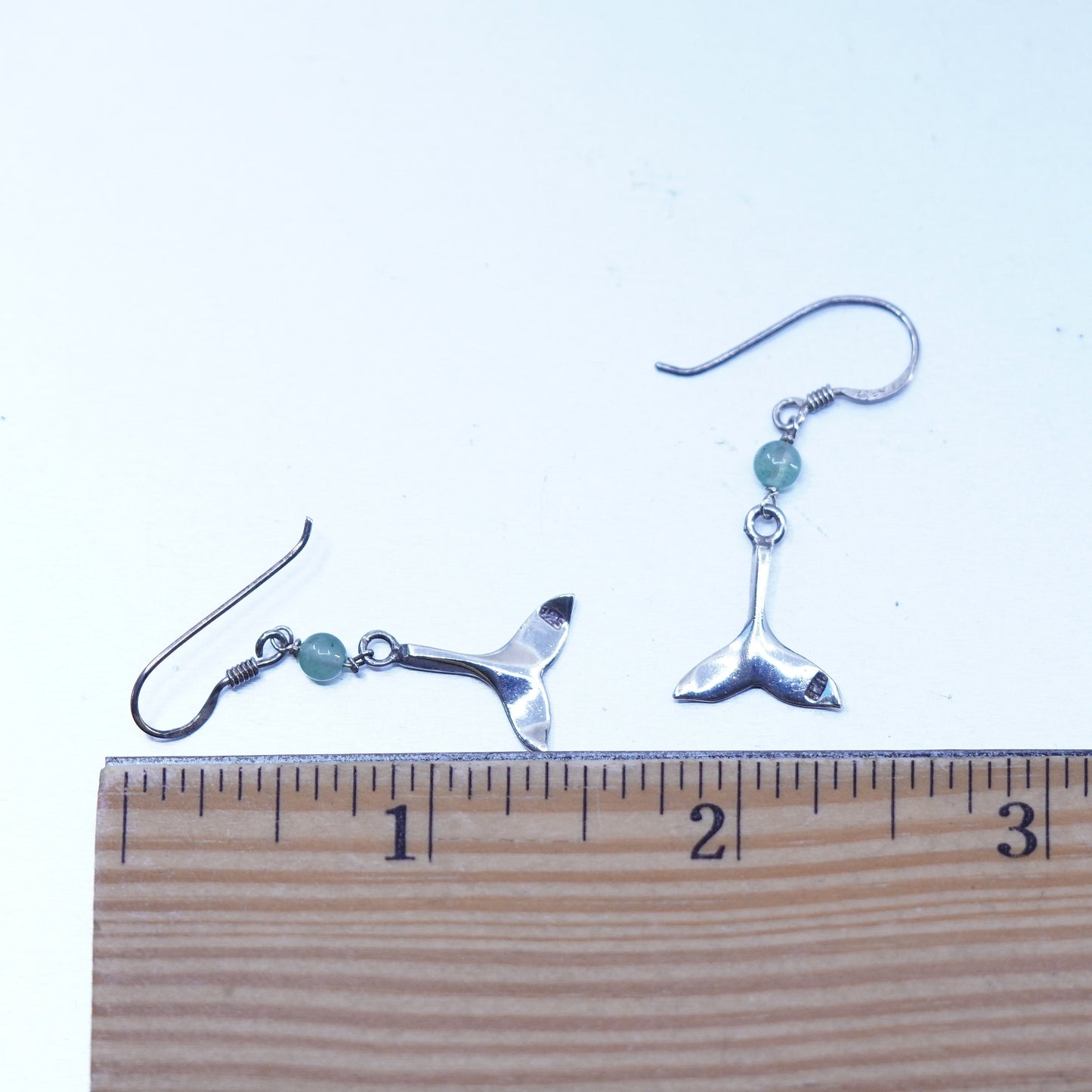 Vintage Sterling 925 silver handmade whale tail earrings with jade