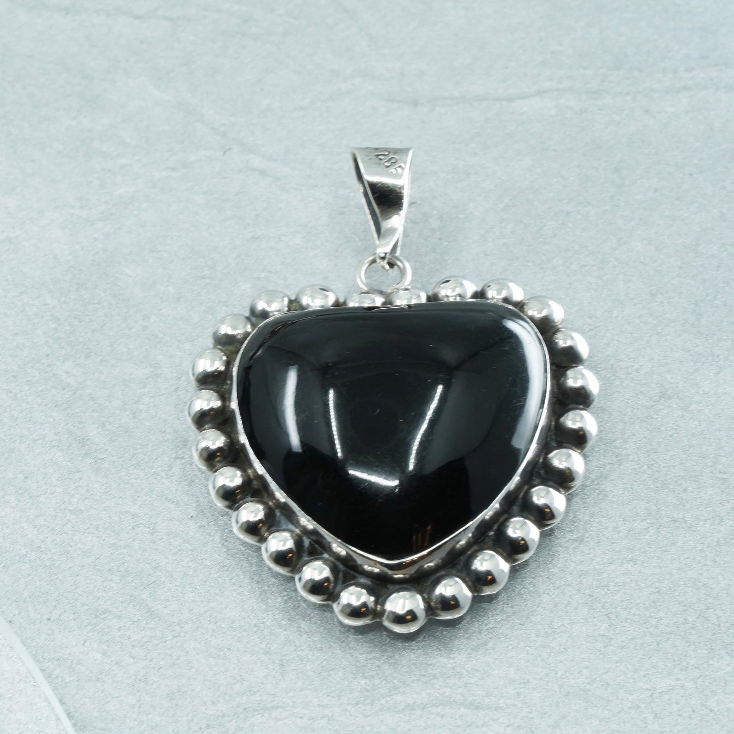 Vintage Mexican Sterling silver handmade, 925 heart pendant with onyx and beads