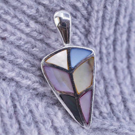 Vintage Sterling 925 silver triangular pendant with pink blue mother of pearl