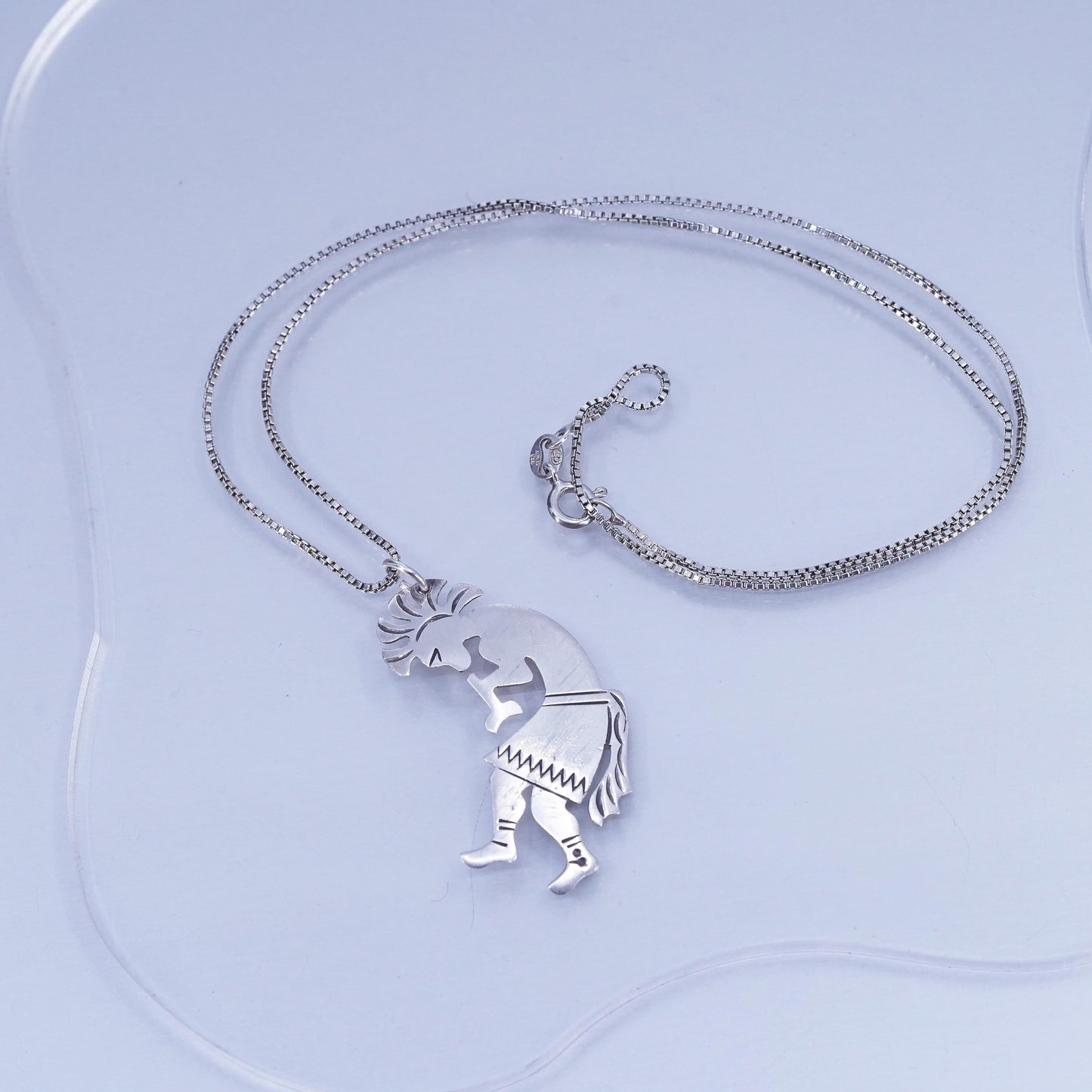 Native American sterling 925 silver box chain necklace kokopelli pendant charm