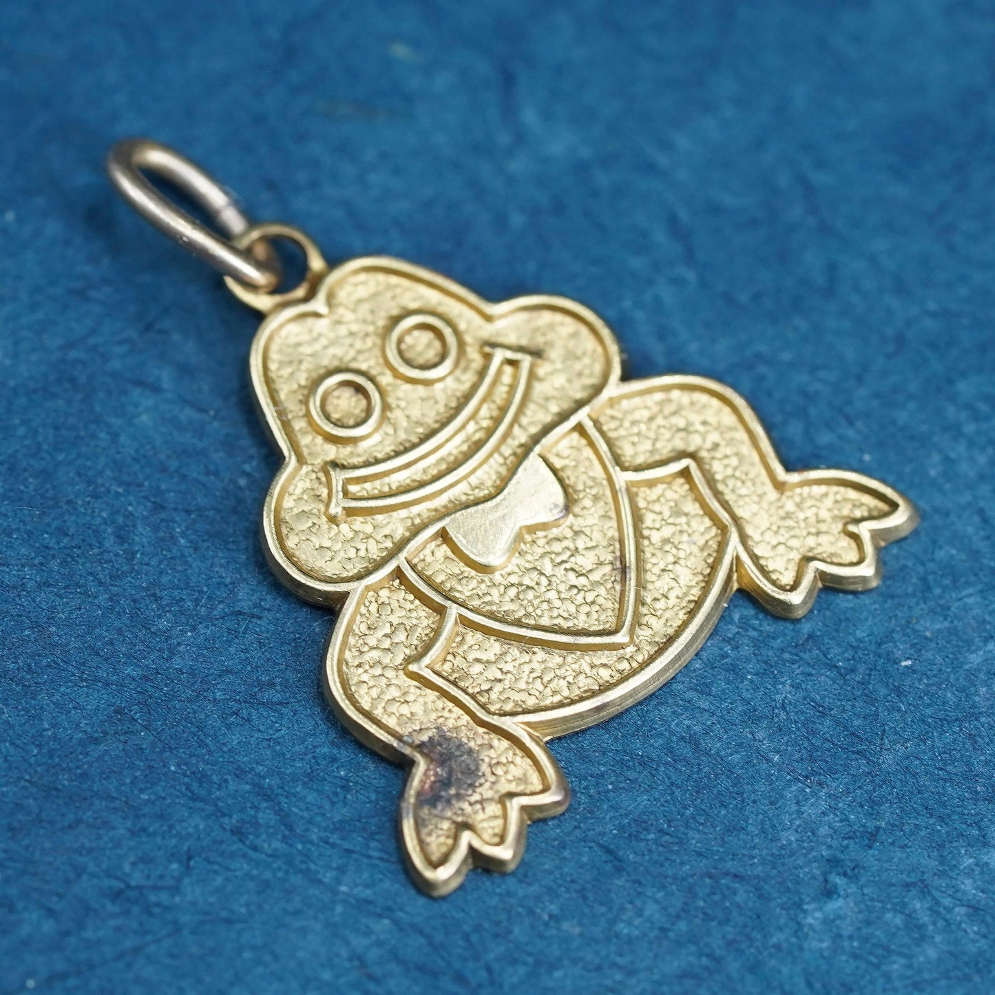 Vintage brass handmade pendant, yellow tone frog charm