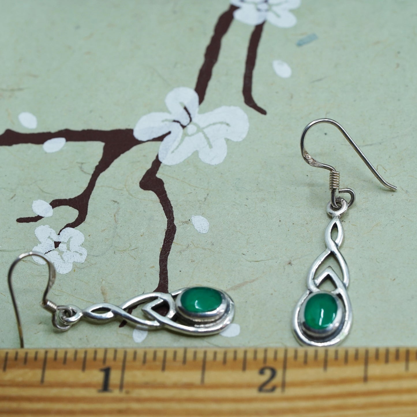 Vintage Irish Sterling silver earrings, 925 silver whirl waves dangles and jade