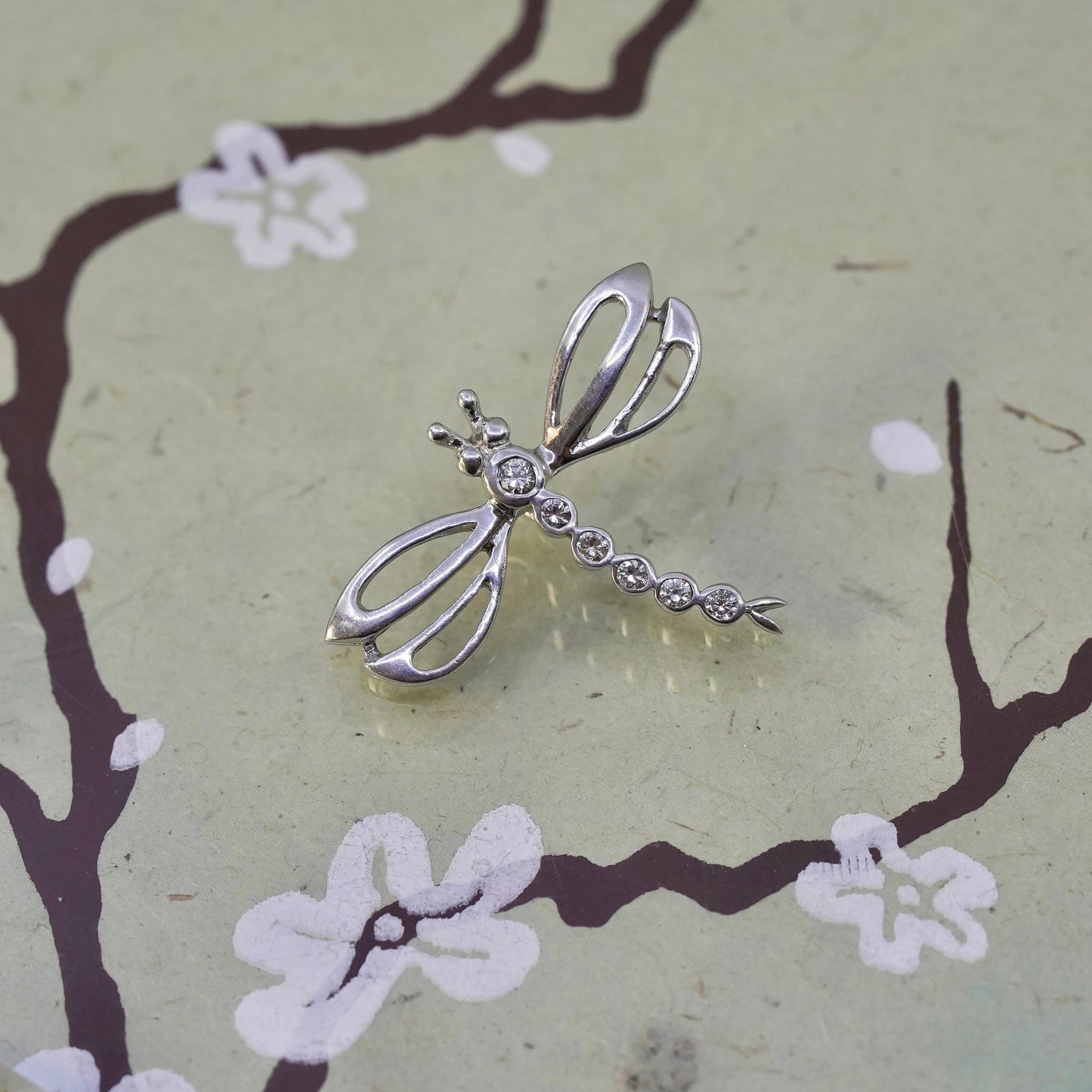 Vintage sterling 925 silver handmade dragonfly pendant with cz